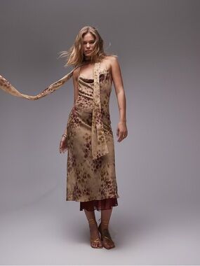 Topshop Satin Slip Dress NWT Size 0 Brown Leopard Midi Cowl Neck